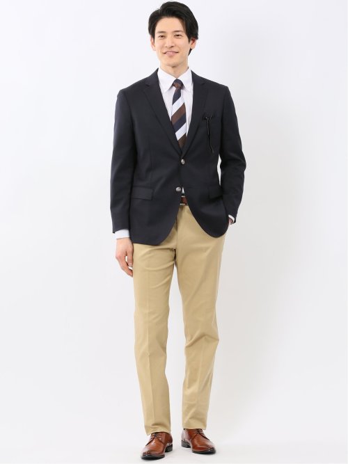 ストレッチウォッシャブル ウール混 スリムフィット 2ボタンジャケット 紺