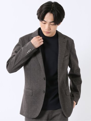 ジャケット メンズ ビジネス セットアップ可能 ストレッチ ウォッシャブル スリム 2ボタン テーラード ヘリンボン 茶 テックムーブ