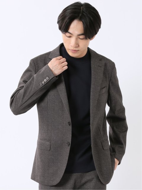 ジャケット メンズ ビジネス セットアップ可能 ストレッチ ウォッシャブル スリム 2ボタン テーラード ヘリンボン 茶 テックムーブ