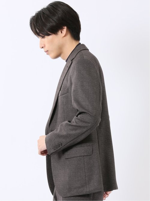 ジャケット メンズ ビジネス セットアップ可能 ストレッチ ウォッシャブル スリム 2ボタン テーラード ヘリンボン 茶 テックムーブ