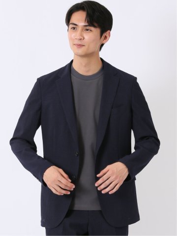 ストレッチ ウォッシャブル ブロックサッカー スリムフィット 2ボタン ジャケット 紺(セットアップ可能)