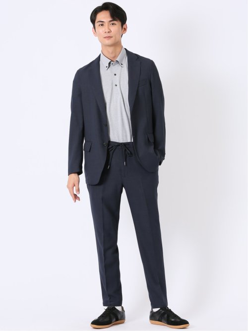 スラックス メンズ ビジネス パンツ ストレッチ ウォッシャブル 麻調 メッシュ スリム ノータック 裾上げ済み セットアップ可能