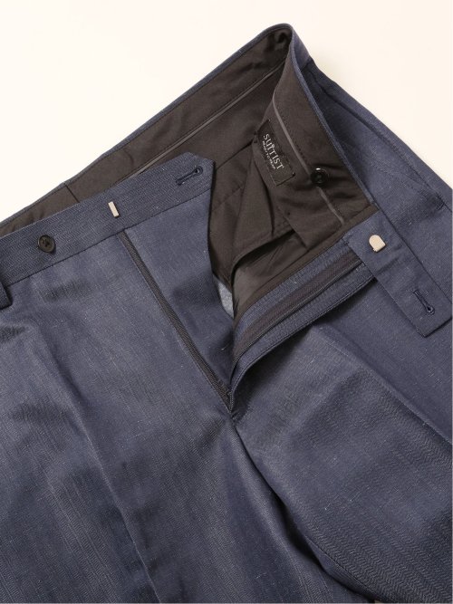 ウールリネン レギュラーフィット ノータックパンツ 紺(セットアップ可能)