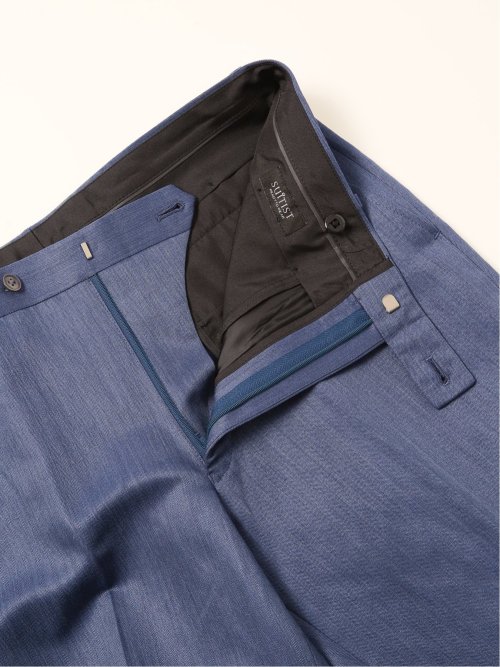 ウールリネン レギュラーフィット ノータックパンツ 青(セットアップ可能)