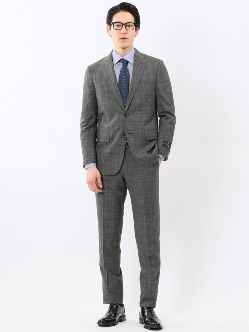 SUPER140'S レギュラーフィット ノータック スラックス グレンチェックグレー(セットアップ可能)