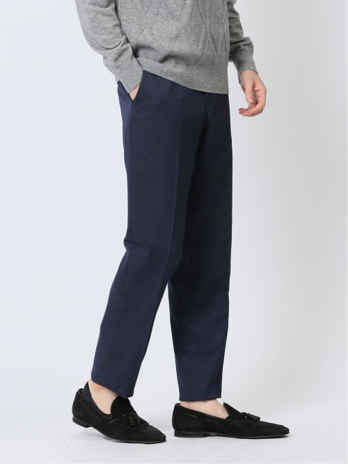 Woolen Tec On スリムフィット ノータックパンツ へリンボン青