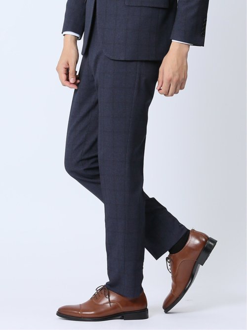 ストレッチウォッシャブル スリムフィット ノータックスラックス チェック青(セットアップ可能)