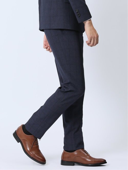 ストレッチウォッシャブル スリムフィット ノータックスラックス チェック青(セットアップ可能)