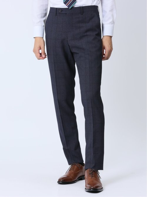 ストレッチウォッシャブル スリムフィット ノータックスラックス チェック青(セットアップ可能)