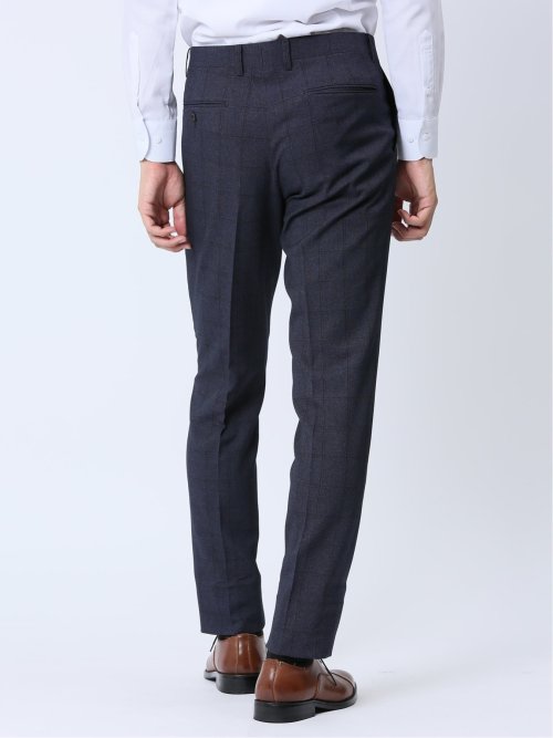 ストレッチウォッシャブル スリムフィット ノータックスラックス チェック青(セットアップ可能)