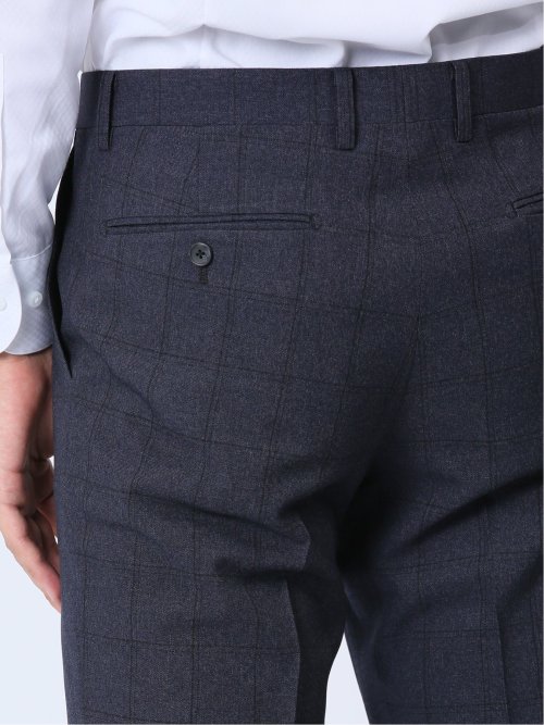 ストレッチウォッシャブル スリムフィット ノータックスラックス チェック青(セットアップ可能)