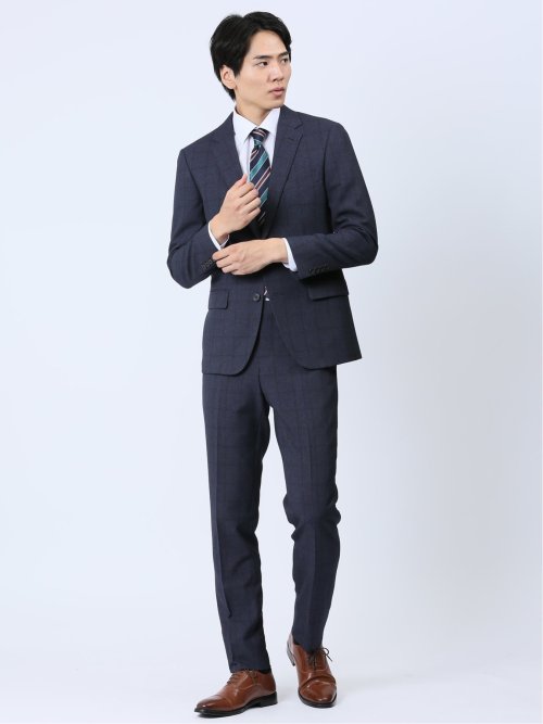 ストレッチウォッシャブル スリムフィット ノータックスラックス チェック青(セットアップ可能)