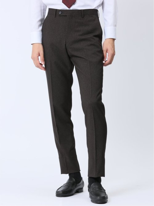 Woolen Tec On スリムフィット ノータックパンツ 千鳥こげ茶