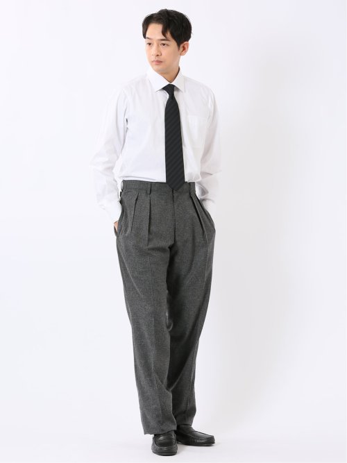 スラックス メンズ ビジネス ワイドパンツ ウール インタック ツープリーツ サイド尾錠 グレー
