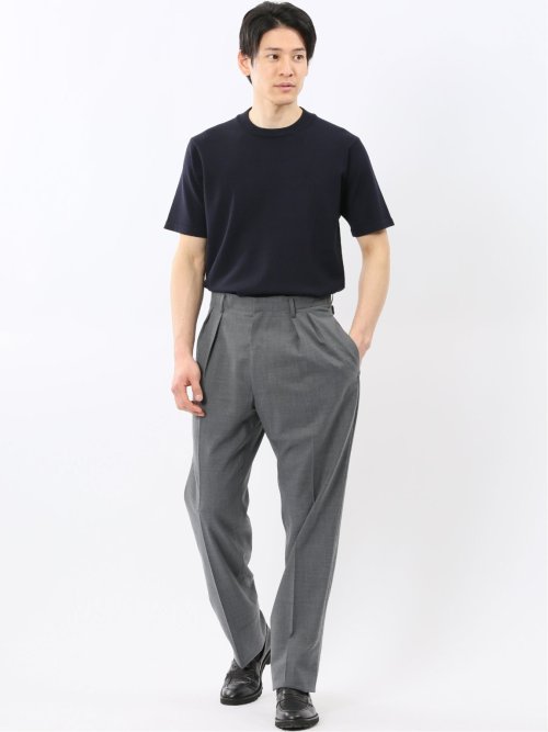 ウール混 ツータック ワイド スラックス ライトグレー