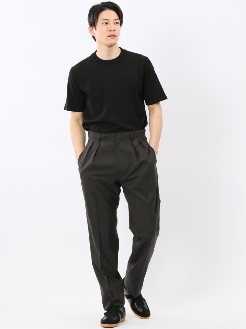 ウール混 ツータック ワイド スラックス 茶