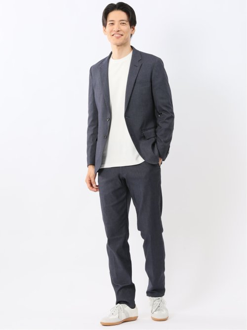 クロスストレッチ スリムフィット ノータックスラックス デニム調紺(セットアップ可能)