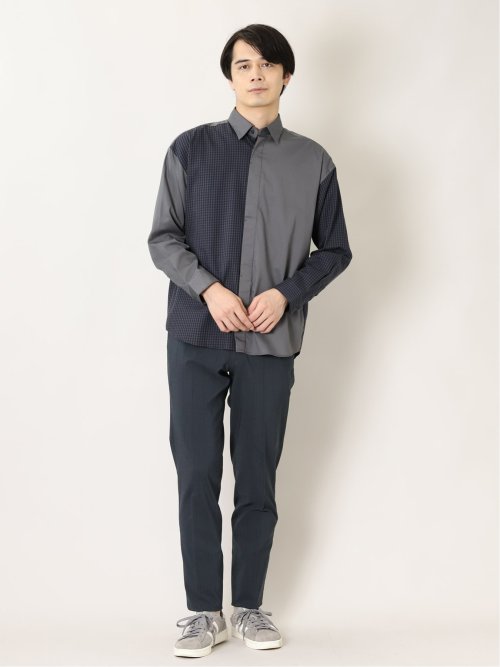 ストレッチ裏起毛 スリムフィット ノータックスラックス グレンチェック紺