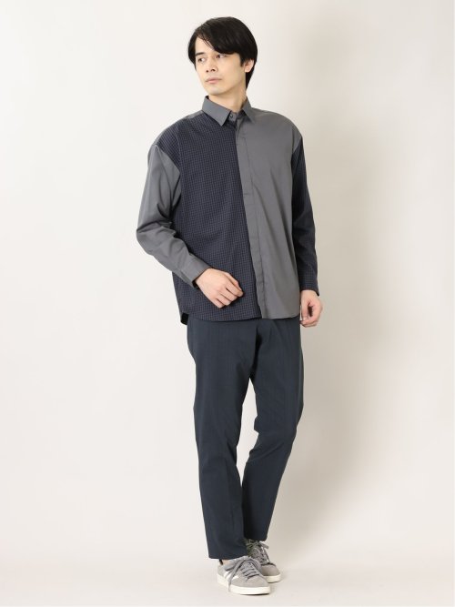 ストレッチ裏起毛 スリムフィット ノータックスラックス グレンチェック紺