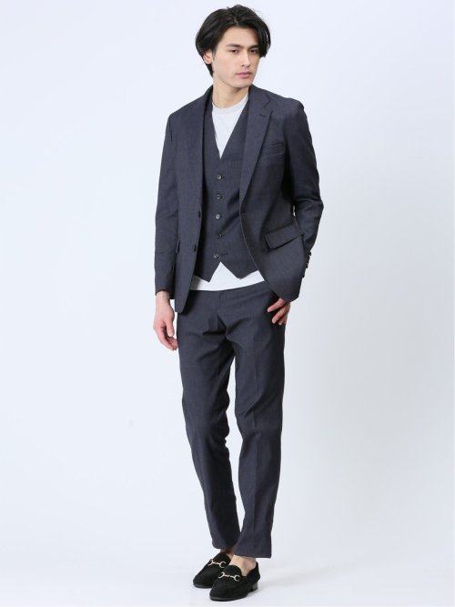 クロスストレッチ スリムフィット ノータックスラックス デニム風紺(セットアップ可能)