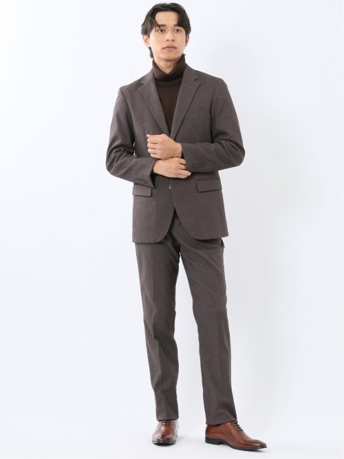 クロスストレッチ裏起毛 スリムフィット ノータックスラックス 茶(セットアップ可能)