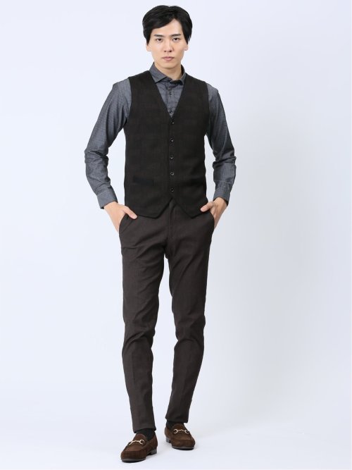 クロスストレッチ裏起毛 スリムフィット ノータックスラックス ピケこげ茶(セットアップ可能)