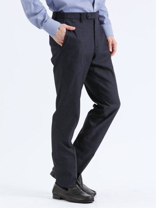 クロスストレッチ スリムフィット ノータックスラックス デニム紺