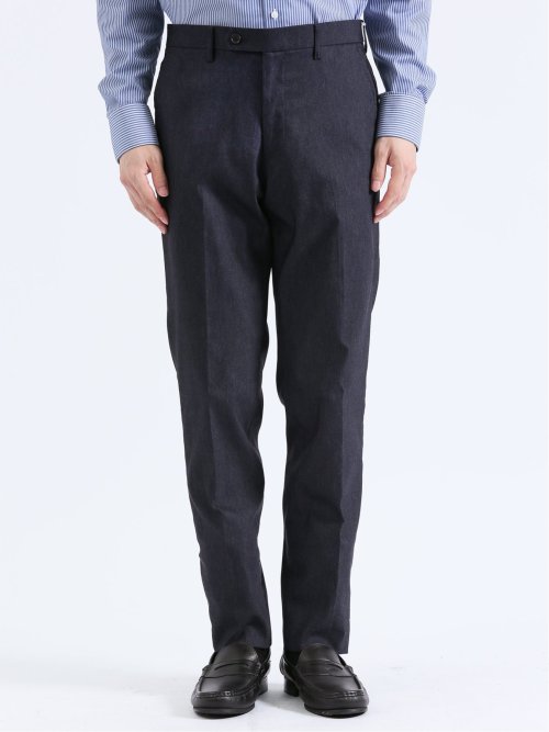 クロスストレッチ スリムフィット ノータックスラックス デニム紺