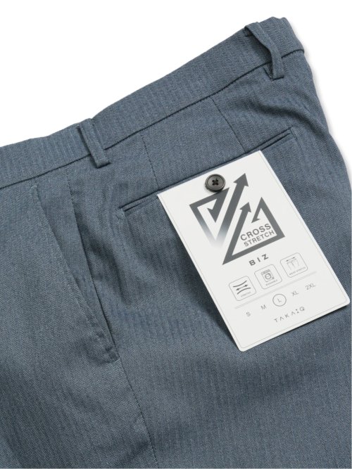 クロスストレッチ スリムフィット ノータックスラックス ヘリンボン青