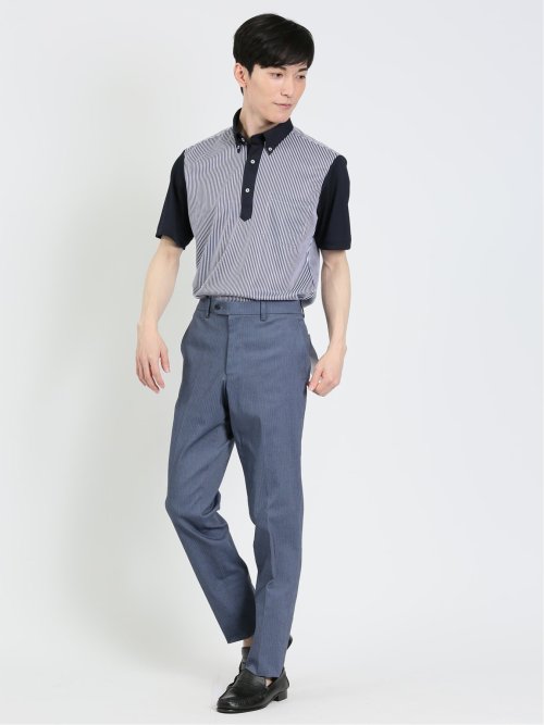 クロスストレッチ スリムフィット ノータックスラックス ヘリンボン青