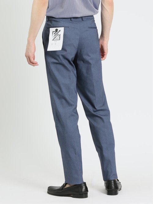 クロスストレッチ スリムフィット ノータックスラックス ヘリンボン青