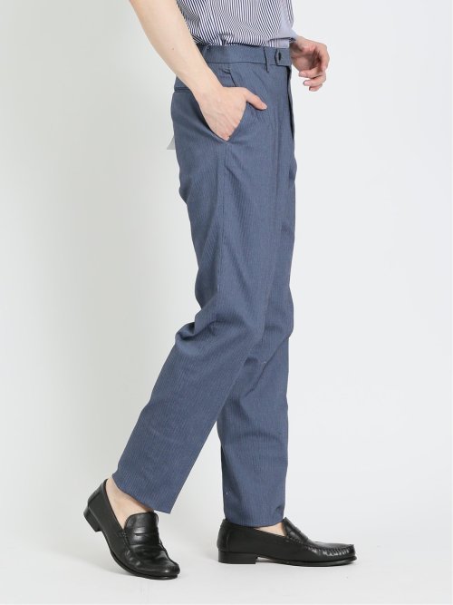 クロスストレッチ スリムフィット ノータックスラックス ヘリンボン青