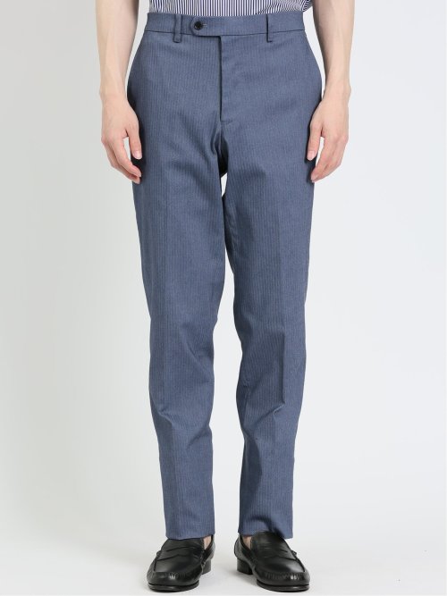 クロスストレッチ スリムフィット ノータックスラックス ヘリンボン青