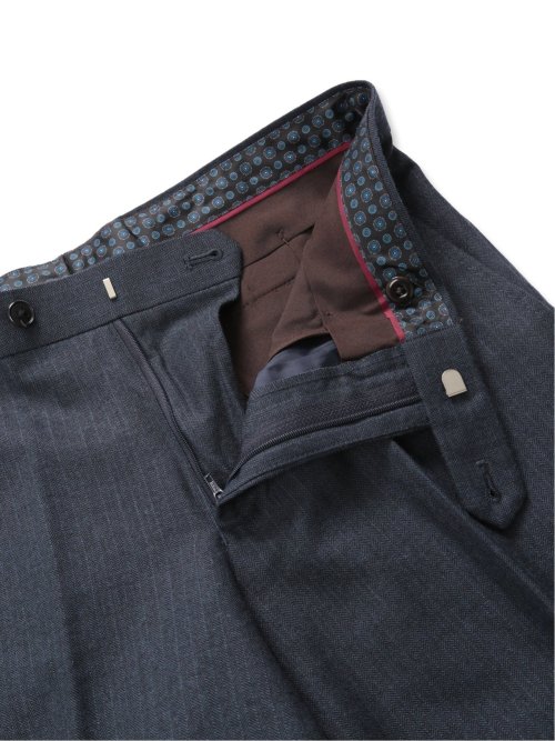 ウール混 スリムフィット ノータックスラックス ヘリンボン青