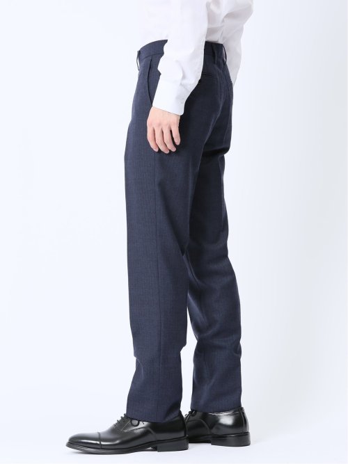 ウール混 スリムフィット ノータックスラックス ヘリンボン青
