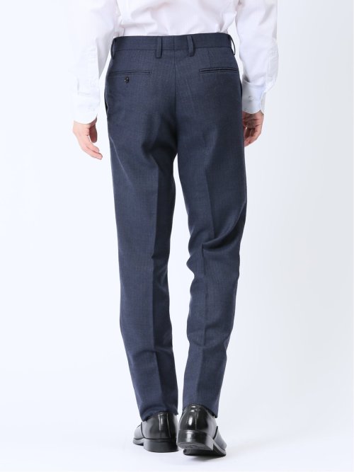 ウール混 スリムフィット ノータックスラックス ヘリンボン青