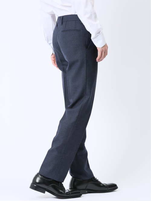 ウール混 スリムフィット ノータックスラックス ヘリンボン青