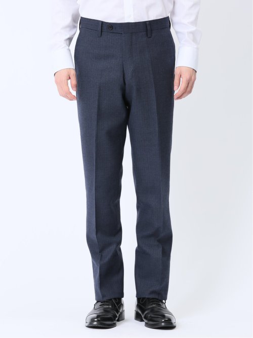 ウール混 スリムフィット ノータックスラックス ヘリンボン青