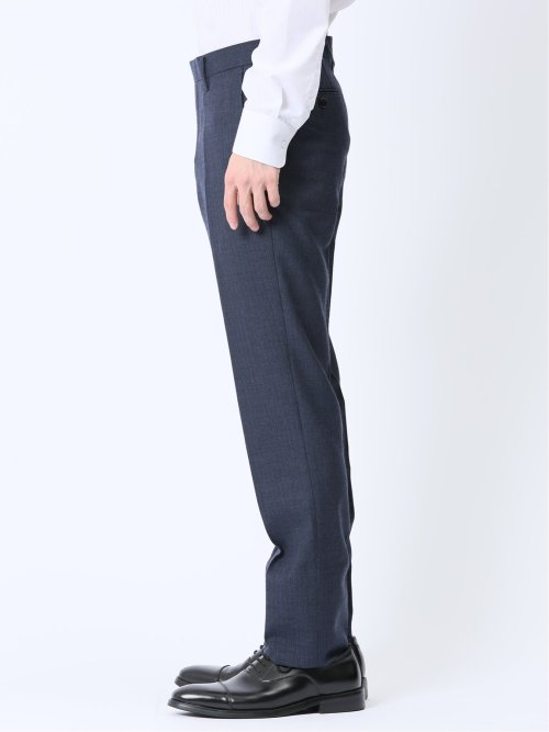 ウール混 スリムフィット ノータックスラックス ヘリンボン青