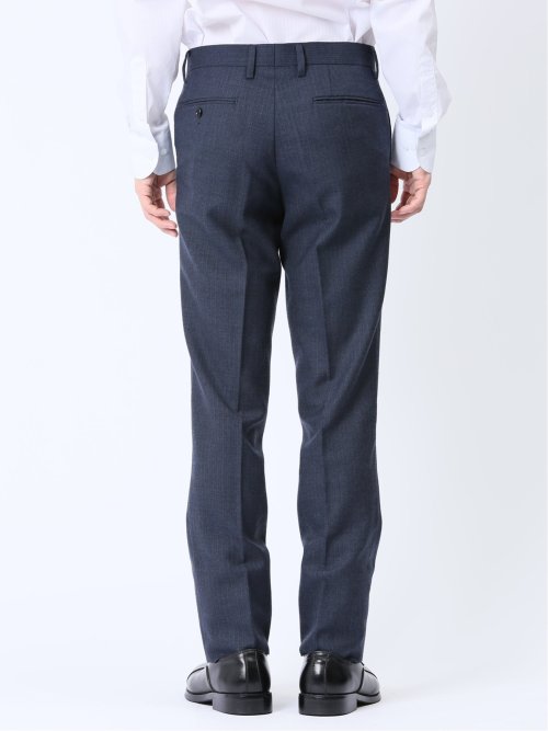 ウール混 スリムフィット ノータックスラックス ヘリンボン青