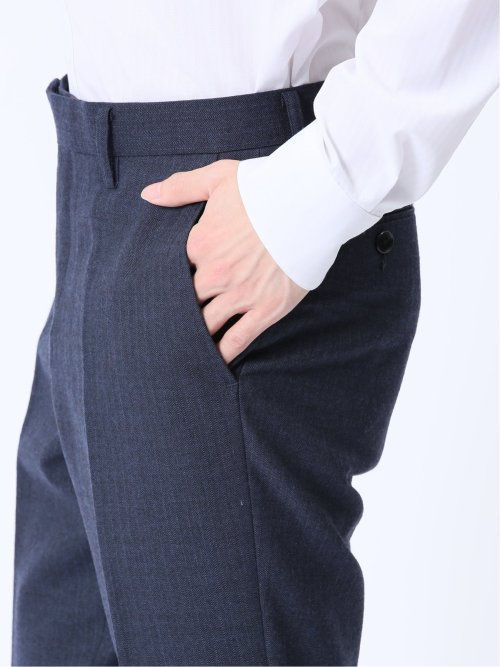 ウール混 スリムフィット ノータックスラックス ヘリンボン青