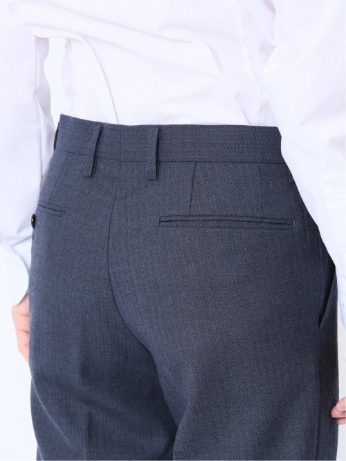 ウール混 スリムフィット ノータックスラックス ヘリンボン青