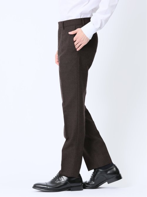 ウール混 スリムフィット ノータックスラックス バーズアイこげ茶