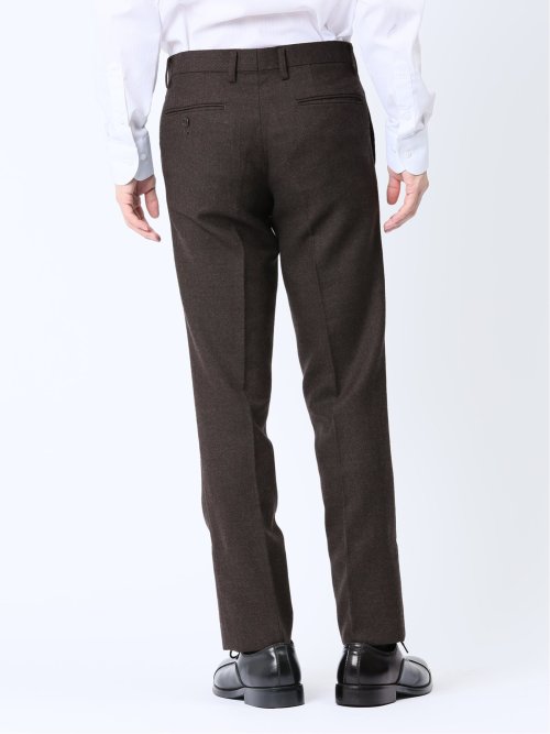 ウール混 スリムフィット ノータックスラックス バーズアイこげ茶