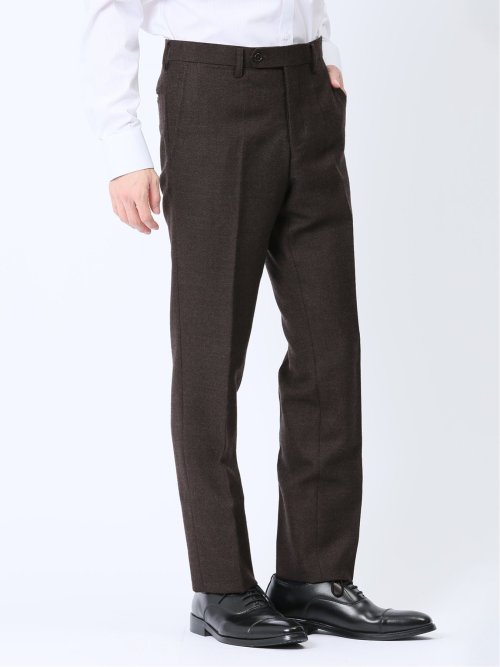 ウール混 スリムフィット ノータックスラックス バーズアイこげ茶