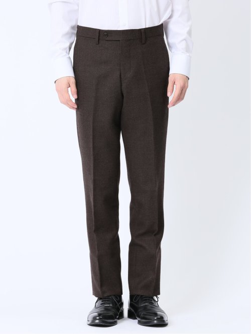 ウール混 スリムフィット ノータックスラックス バーズアイこげ茶