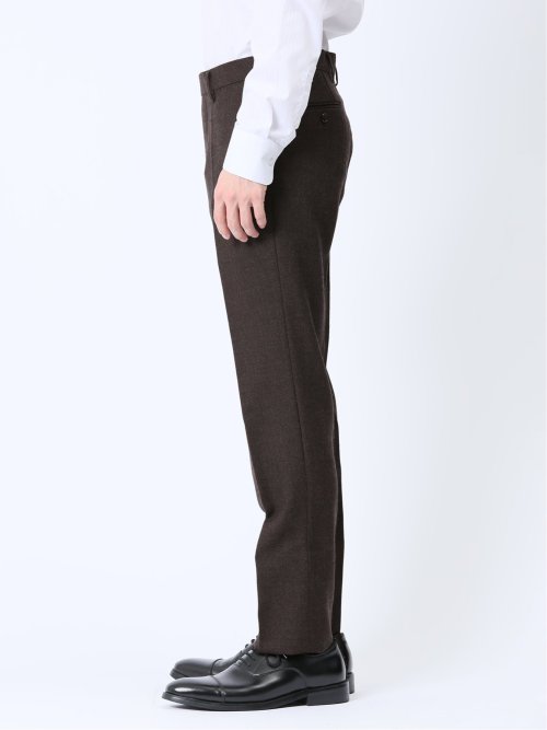 ウール混 スリムフィット ノータックスラックス バーズアイこげ茶