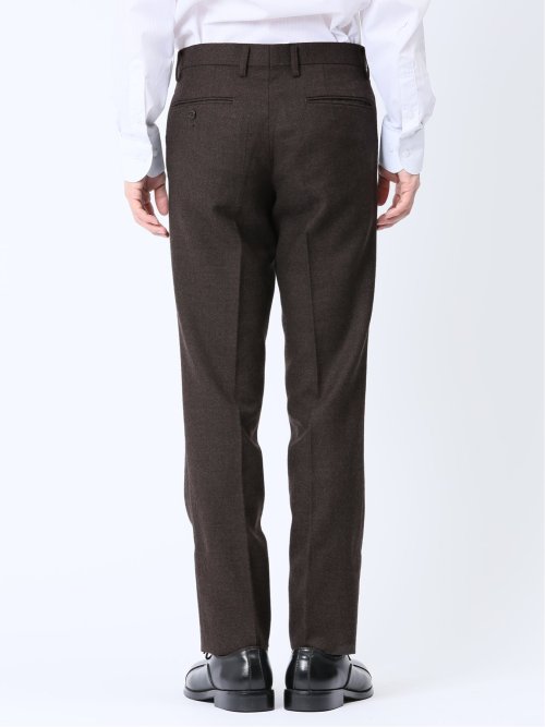 ウール混 スリムフィット ノータックスラックス バーズアイこげ茶