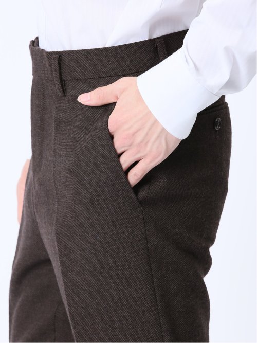 ウール混 スリムフィット ノータックスラックス バーズアイこげ茶