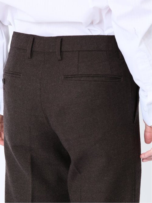 ウール混 スリムフィット ノータックスラックス バーズアイこげ茶